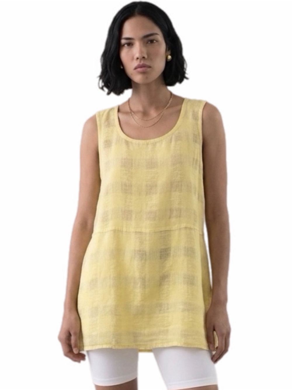 FLAX 100% Linen Yellow Woven Windowpane Check Tank Top Lagenlook Medium FLAW